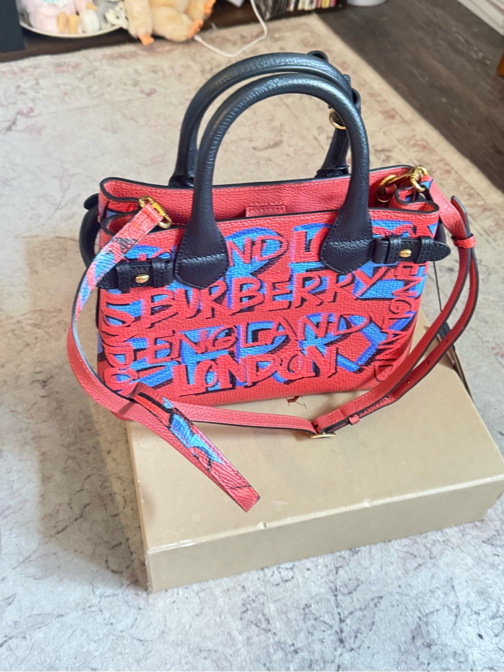Burberry Red Tote with Blue Graffiti and Black Handles